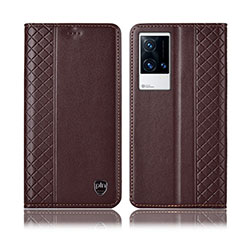 Leather Case Stands Flip Cover Holder H07P for Vivo iQOO 8 Pro 5G Brown