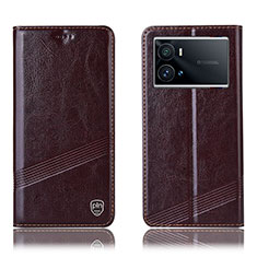 Leather Case Stands Flip Cover Holder H07P for Vivo iQOO 9 5G Brown