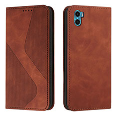 Leather Case Stands Flip Cover Holder H07X for Motorola Moto E22S Brown