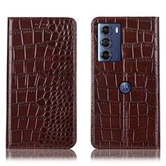 Leather Case Stands Flip Cover Holder H08P for Motorola Moto G200 5G Brown