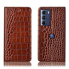 Leather Case Stands Flip Cover Holder H08P for Motorola Moto G200 5G Light Brown