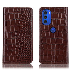 Leather Case Stands Flip Cover Holder H08P for Motorola Moto G51 5G Brown