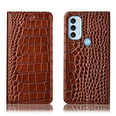 Leather Case Stands Flip Cover Holder H08P for Motorola Moto G71 5G Light Brown