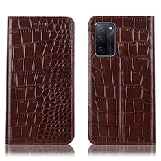 Leather Case Stands Flip Cover Holder H08P for Oppo A55S 5G Brown