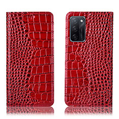 Leather Case Stands Flip Cover Holder H08P for Oppo A55S 5G Red