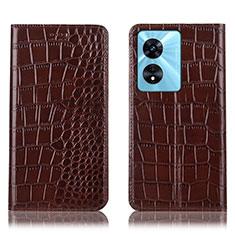 Leather Case Stands Flip Cover Holder H08P for Oppo A97 5G Brown
