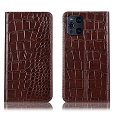 Leather Case Stands Flip Cover Holder H08P for Oppo Find X3 5G Brown