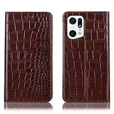 Leather Case Stands Flip Cover Holder H08P for Oppo Find X5 5G Brown