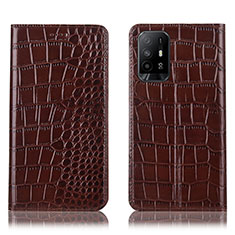 Leather Case Stands Flip Cover Holder H08P for Oppo Reno5 Z 5G Brown