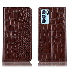 Leather Case Stands Flip Cover Holder H08P for Oppo Reno6 Pro 5G India Brown