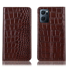 Leather Case Stands Flip Cover Holder H08P for Oppo Reno7 5G Brown