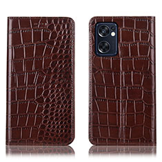 Leather Case Stands Flip Cover Holder H08P for Oppo Reno7 SE 5G Brown