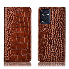 Leather Case Stands Flip Cover Holder H08P for Oppo Reno7 SE 5G Light Brown
