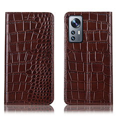 Leather Case Stands Flip Cover Holder H08P for Xiaomi Mi 12 5G Brown