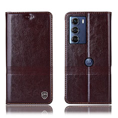 Leather Case Stands Flip Cover Holder H09P for Motorola Moto G200 5G Brown