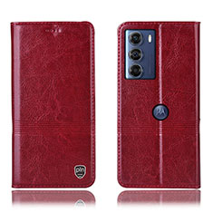 Leather Case Stands Flip Cover Holder H09P for Motorola Moto G200 5G Red