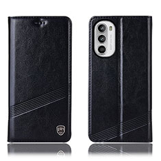 Leather Case Stands Flip Cover Holder H09P for Motorola MOTO G52 Black