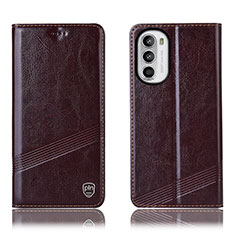 Leather Case Stands Flip Cover Holder H09P for Motorola MOTO G52 Brown