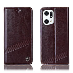 Leather Case Stands Flip Cover Holder H09P for Oppo Find X5 5G Brown