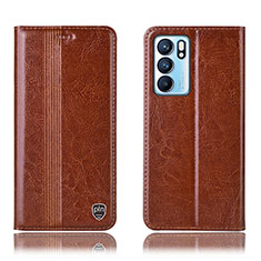 Leather Case Stands Flip Cover Holder H09P for Oppo Reno6 5G Light Brown