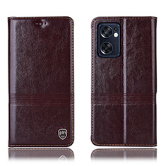 Leather Case Stands Flip Cover Holder H09P for Oppo Reno7 SE 5G Brown