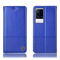 Leather Case Stands Flip Cover Holder H09P for Vivo iQOO 8 5G Blue