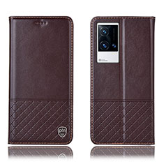 Leather Case Stands Flip Cover Holder H09P for Vivo iQOO 8 Pro 5G Brown