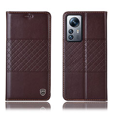 Leather Case Stands Flip Cover Holder H09P for Xiaomi Mi 12 5G Brown