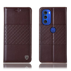 Leather Case Stands Flip Cover Holder H11P for Motorola Moto G51 5G Brown