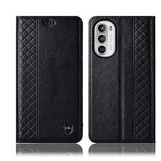 Leather Case Stands Flip Cover Holder H11P for Motorola MOTO G52 Black