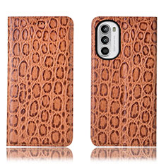 Leather Case Stands Flip Cover Holder H16P for Motorola Moto Edge (2022) 5G Light Brown