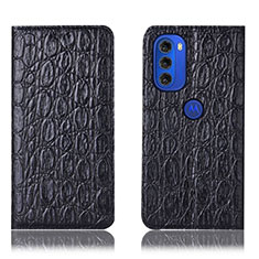 Leather Case Stands Flip Cover Holder H16P for Motorola Moto G51 5G Black