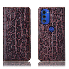 Leather Case Stands Flip Cover Holder H16P for Motorola Moto G51 5G Brown