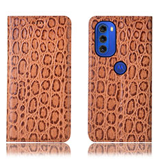 Leather Case Stands Flip Cover Holder H16P for Motorola Moto G51 5G Light Brown