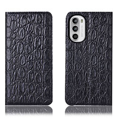 Leather Case Stands Flip Cover Holder H16P for Motorola MOTO G52 Black
