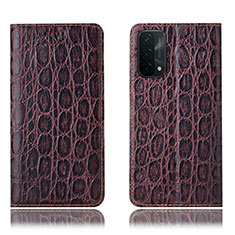 Leather Case Stands Flip Cover Holder H16P for Oppo A74 5G Brown