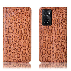Leather Case Stands Flip Cover Holder H16P for Oppo A76 Light Brown