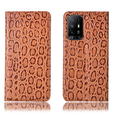 Leather Case Stands Flip Cover Holder H16P for Oppo F19 Pro+ Plus 5G Light Brown