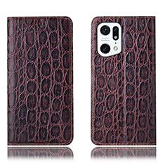 Leather Case Stands Flip Cover Holder H16P for Oppo Find X5 5G Brown