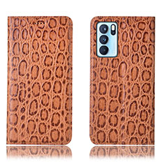Leather Case Stands Flip Cover Holder H16P for Oppo Reno6 Pro 5G India Light Brown