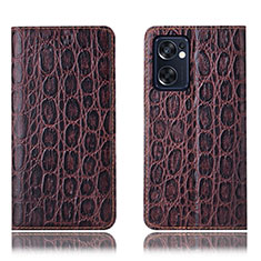 Leather Case Stands Flip Cover Holder H16P for Oppo Reno7 SE 5G Brown