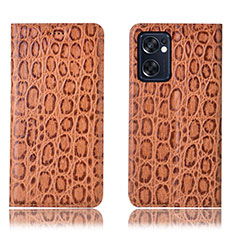Leather Case Stands Flip Cover Holder H16P for Oppo Reno7 SE 5G Light Brown
