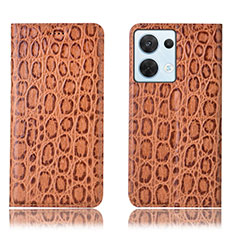 Leather Case Stands Flip Cover Holder H16P for Oppo Reno8 5G Light Brown