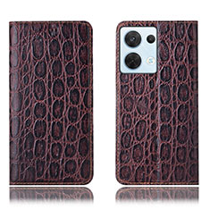 Leather Case Stands Flip Cover Holder H16P for Oppo Reno9 5G Brown