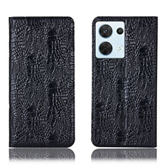 Leather Case Stands Flip Cover Holder H17P for Oppo Reno9 5G Black