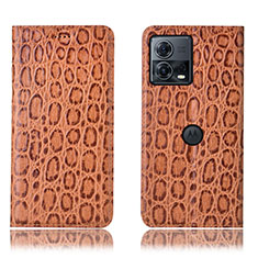 Leather Case Stands Flip Cover Holder H18P for Motorola Moto Edge 30 Fusion 5G Light Brown