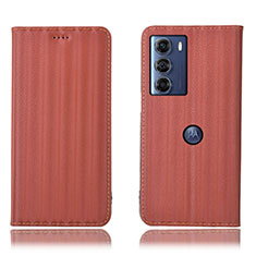 Leather Case Stands Flip Cover Holder H18P for Motorola Moto G200 5G Brown