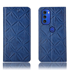 Leather Case Stands Flip Cover Holder H19P for Motorola Moto G51 5G Blue