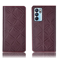 Leather Case Stands Flip Cover Holder H19P for Oppo Reno6 5G Red Wine