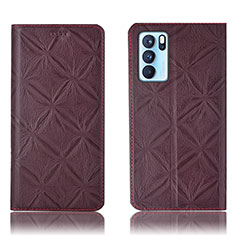 Leather Case Stands Flip Cover Holder H19P for Oppo Reno6 Pro 5G India Red Wine